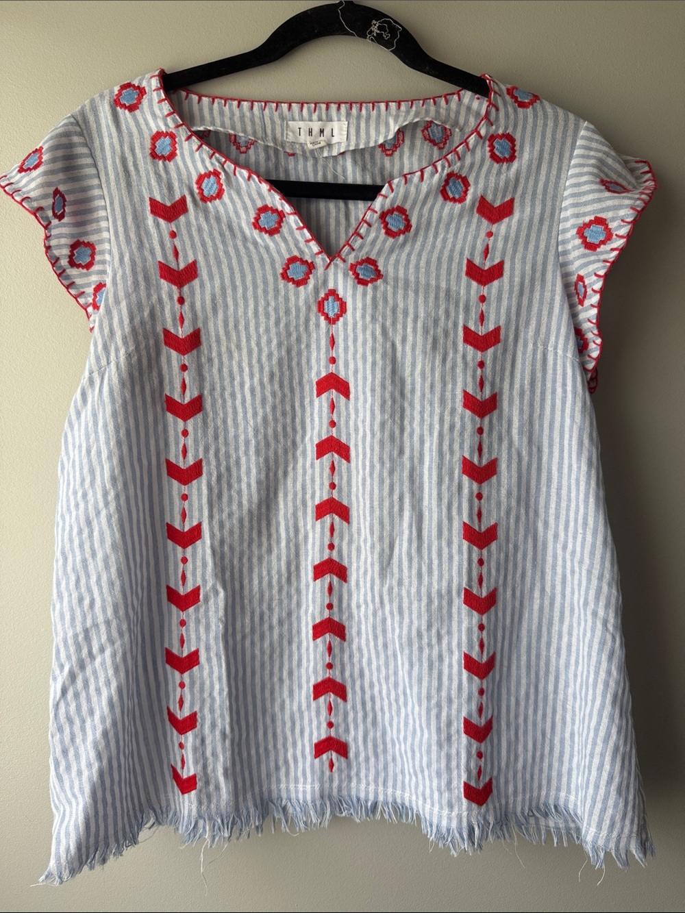 THML Light Blue  and white stripes & Red Embroidered raw hem light weight M